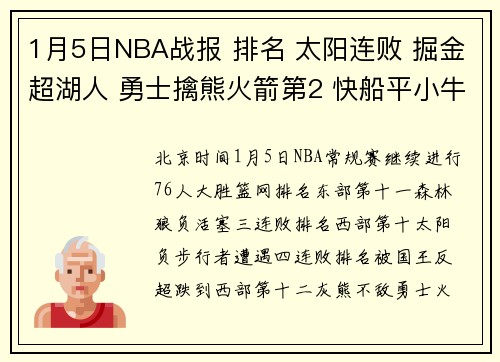 1月5日NBA战报 排名 太阳连败 掘金超湖人 勇士擒熊火箭第2 快船平小牛