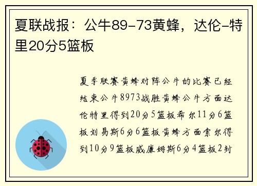 夏联战报：公牛89-73黄蜂，达伦-特里20分5篮板