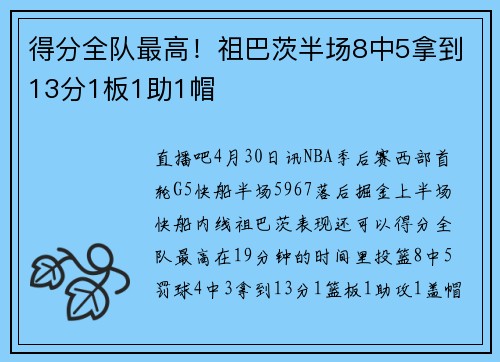 得分全队最高！祖巴茨半场8中5拿到13分1板1助1帽
